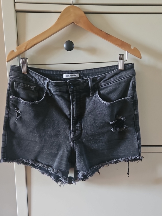 Good American Pants - Good American High-Rise Distressed Black Denim Shorts - Women Size 14/32